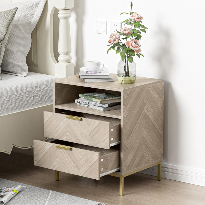 Herringbone 3 Drawer Bedside Table Wooden Cabinet