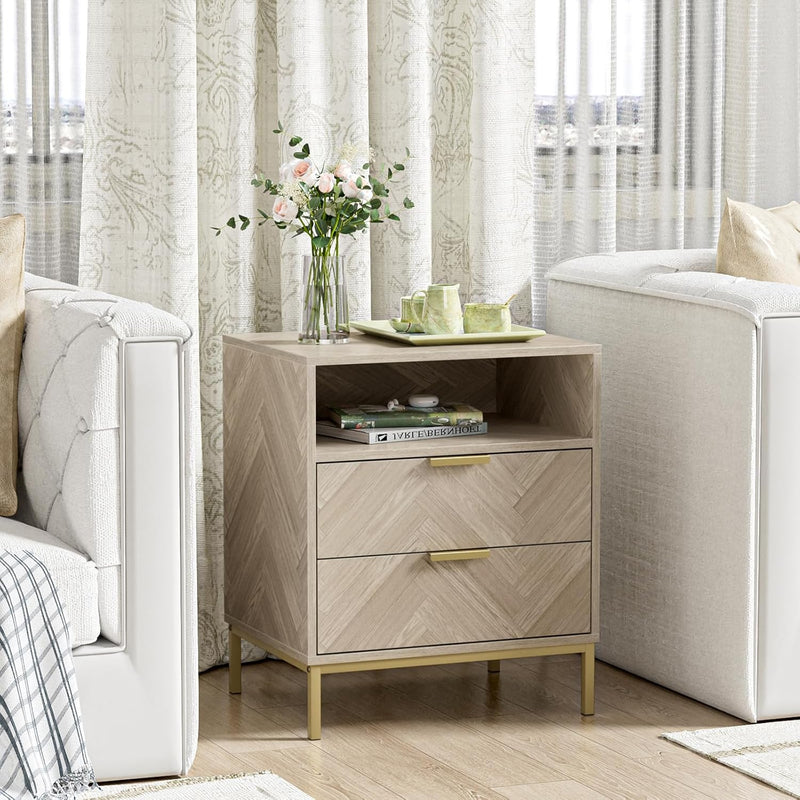 Herringbone 3 Drawer Bedside Table Wooden Cabinet