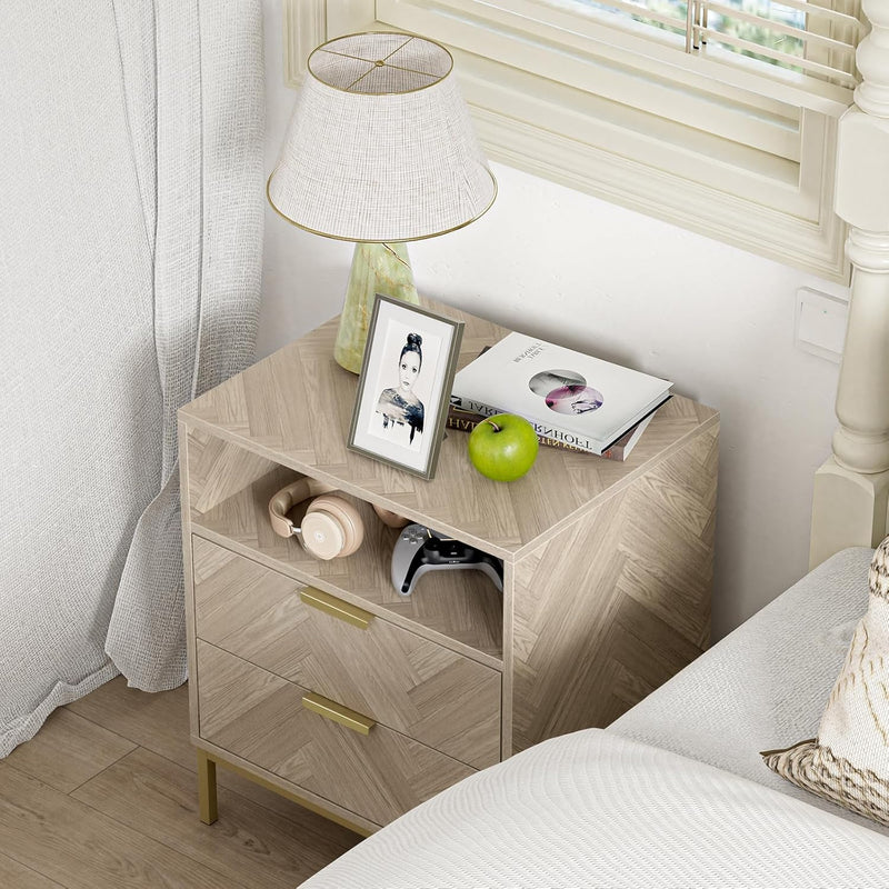 Herringbone 3 Drawer Bedside Table Wooden Cabinet