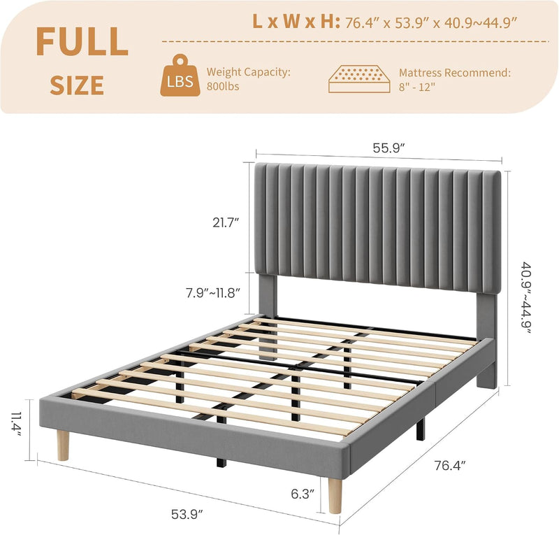 Bed Frame with Adjustable Headboard Velvet Upholstered Platform