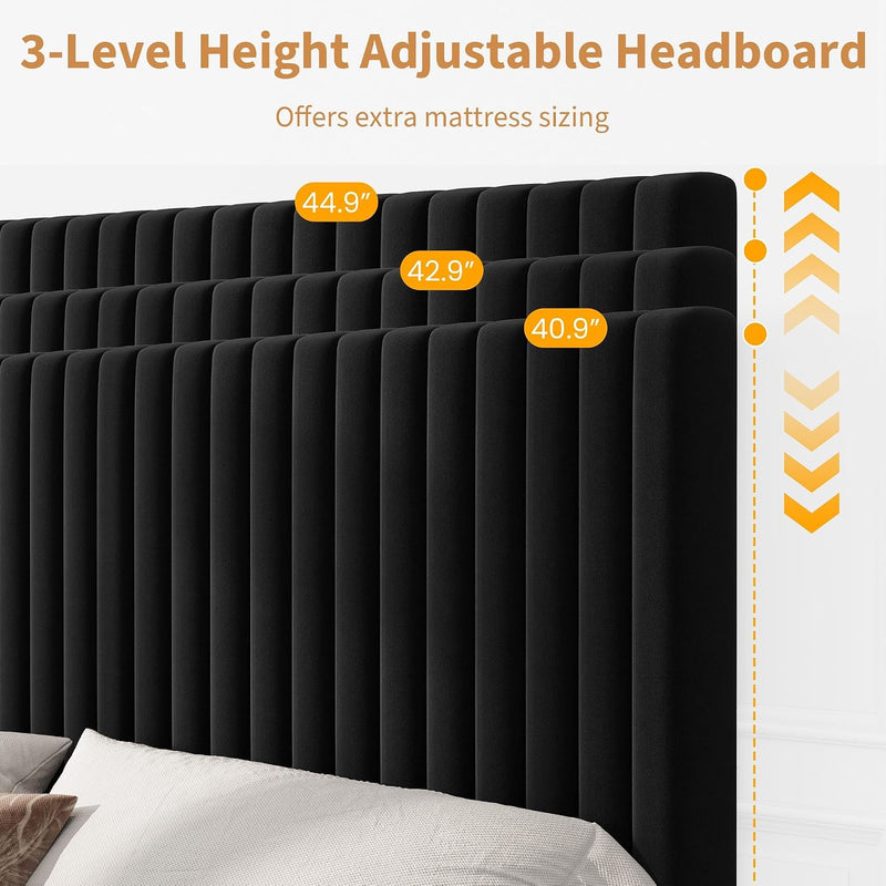 Bed Frame with Adjustable Headboard Velvet Upholstered Platform