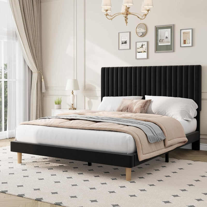 Bed Frame with Adjustable Headboard Velvet Upholstered Platform