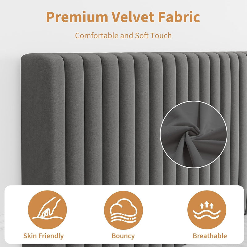 Bed Frame with Adjustable Headboard Velvet Upholstered Platform
