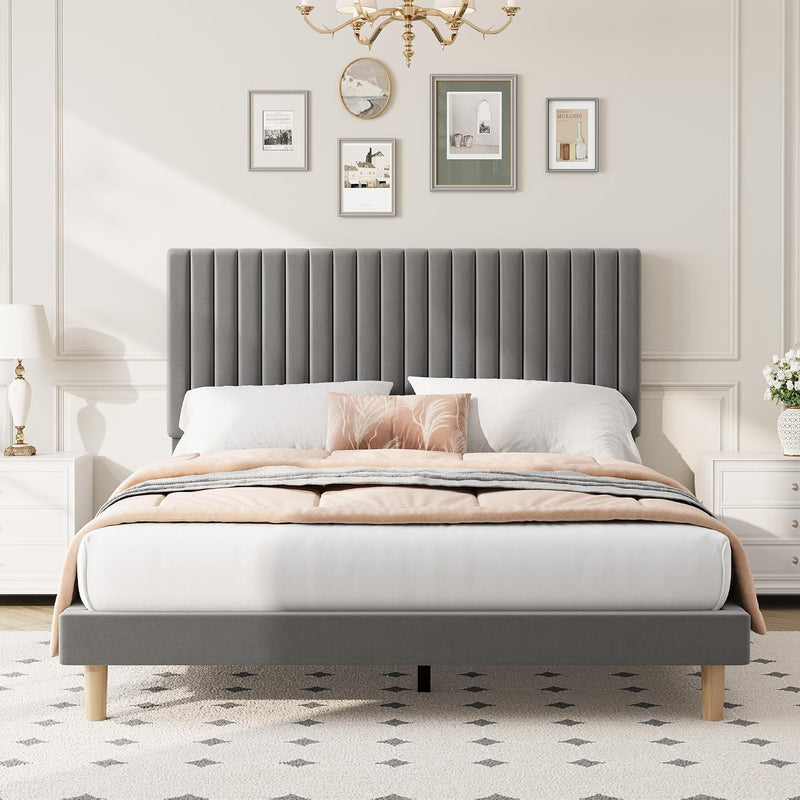 Bed Frame with Adjustable Headboard Velvet Upholstered Platform