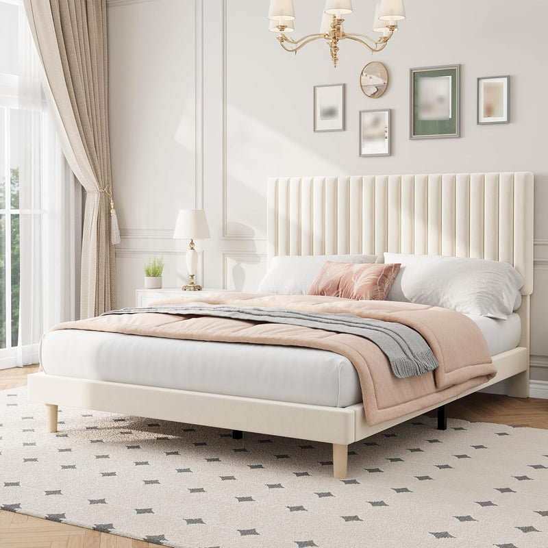 Bed Frame with Adjustable Headboard Velvet Upholstered Platform