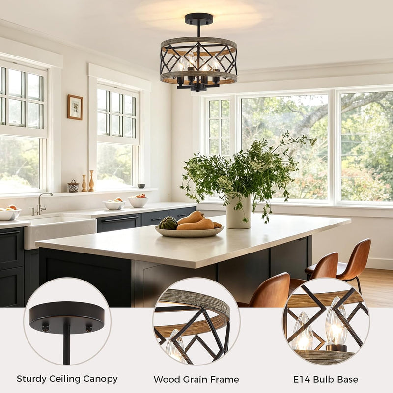 Modern Ceiling Light 4-Light Semi Flush Drum Shade