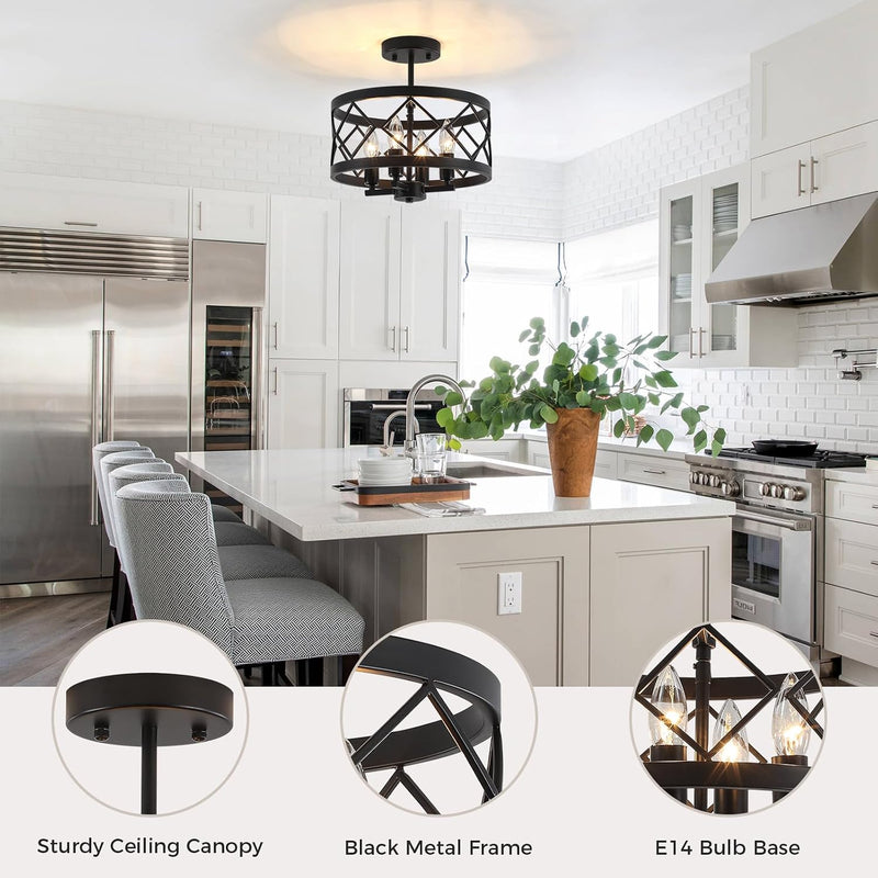 Modern Ceiling Light 4-Light Semi Flush Drum Shade