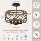 Modern Ceiling Light 4-Light Semi Flush Drum Shade