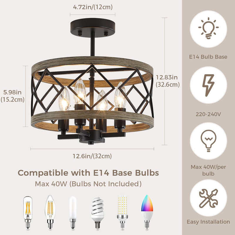 Modern Ceiling Light 4-Light Semi Flush Drum Shade