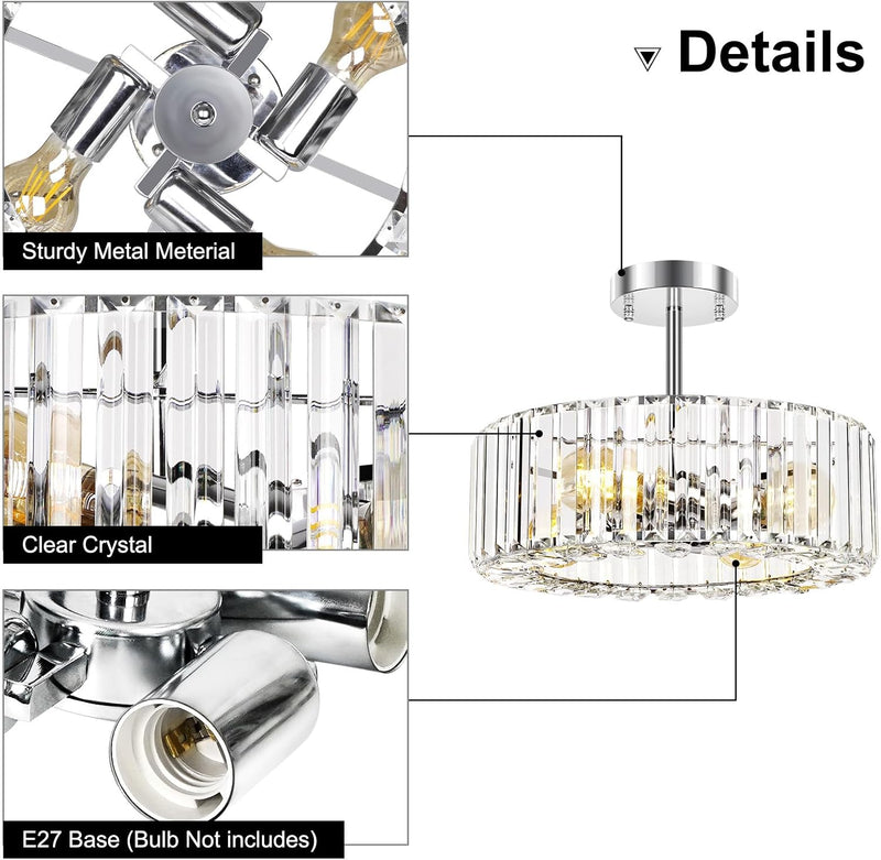 Modern Chandeliers Ceiling Light Fixture 4-Lights Round Crystal