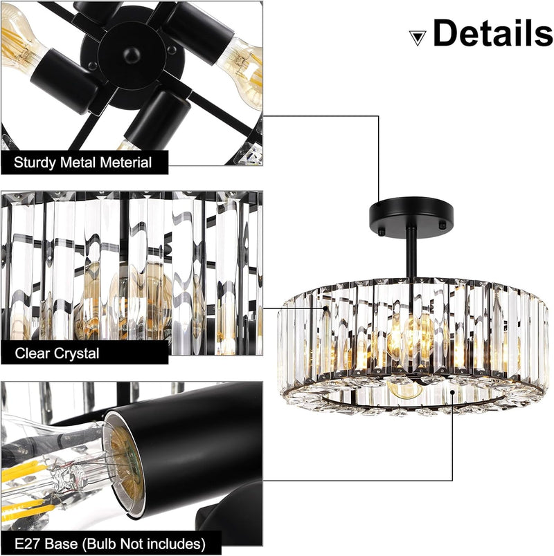 Modern Chandeliers Ceiling Light Fixture 4-Lights Round Crystal