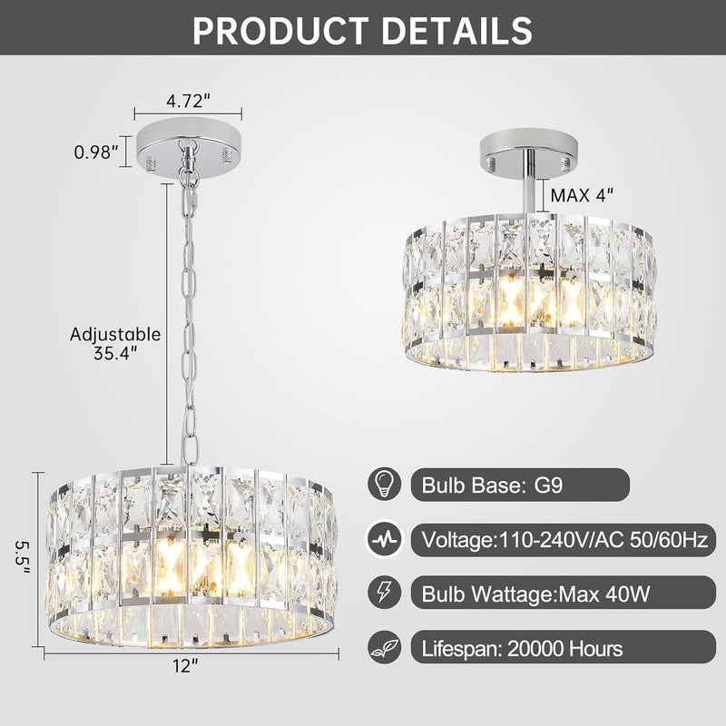 Modern Crystal Ceiling Light Semi Flush Mount Chandelier