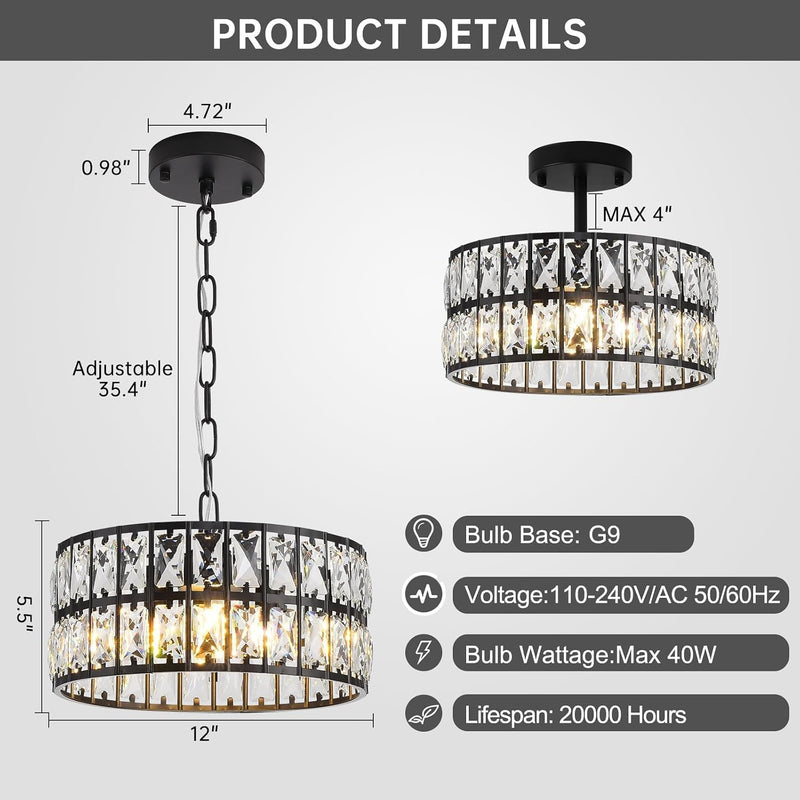 Modern Crystal Ceiling Light Semi Flush Mount Chandelier