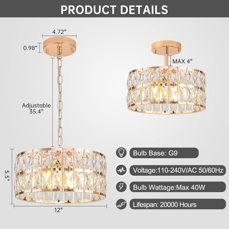 Modern Crystal Ceiling Light Semi Flush Mount Chandelier