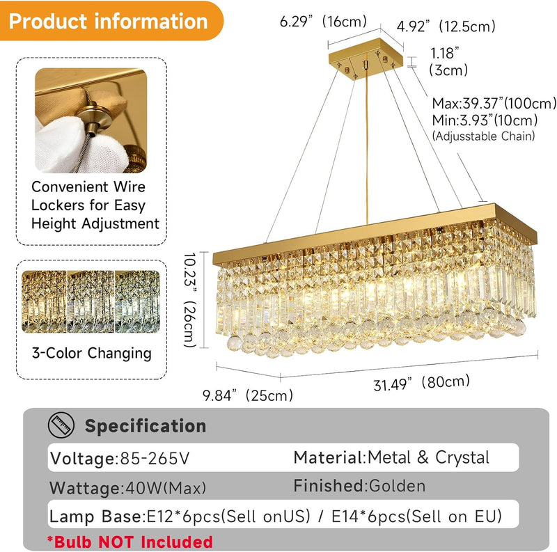 Modern Crystal Chandelier Pendant Light Rectangular Hanging LED