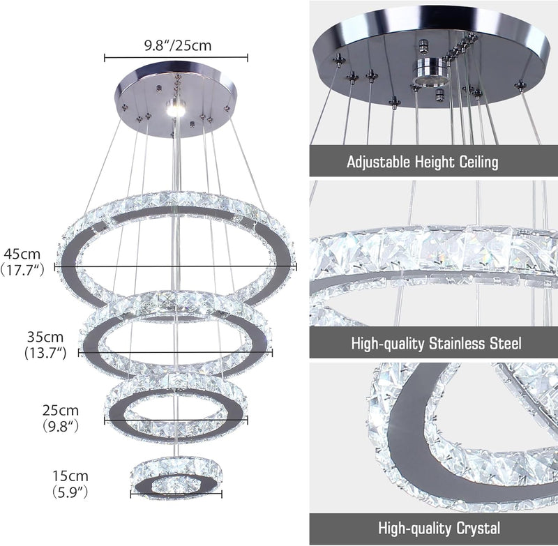 Modern Crystal Chandeliers LED 4 Rings Pendant Light