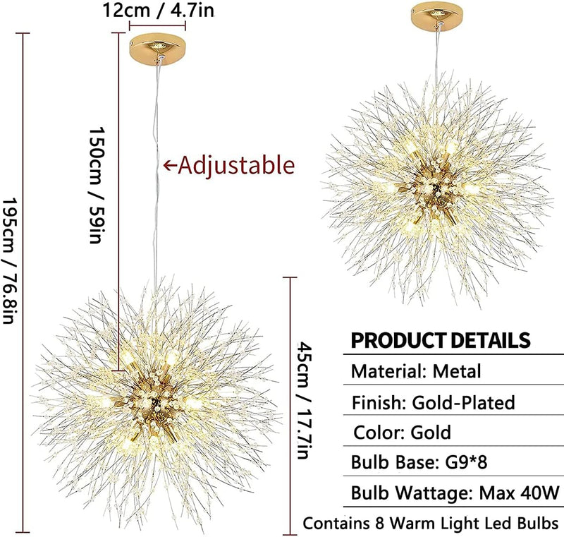 Modern Crystal Dandelion Pendant Firework Chandelier 8 Bulbs