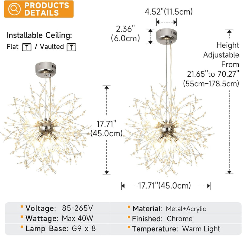 Modern Firework Chandeliers Dandelion Pendant Light Chrome 8