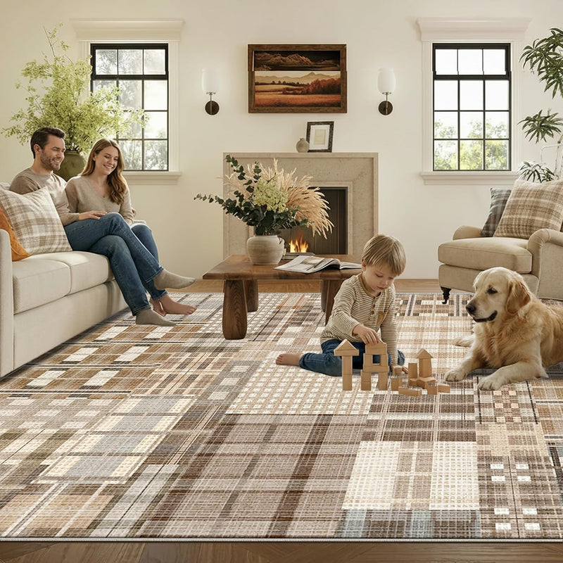 Modern Geometric Large Rug Washable Plaid Area