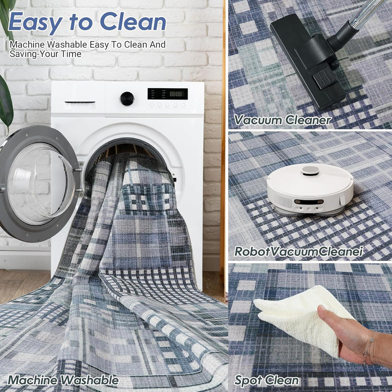 Modern Geometric Large Rug Washable Plaid Area