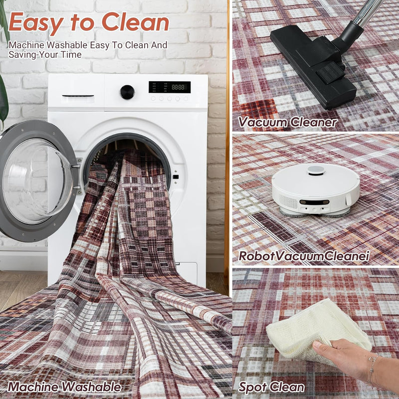 Modern Geometric Large Rug Washable Plaid Area