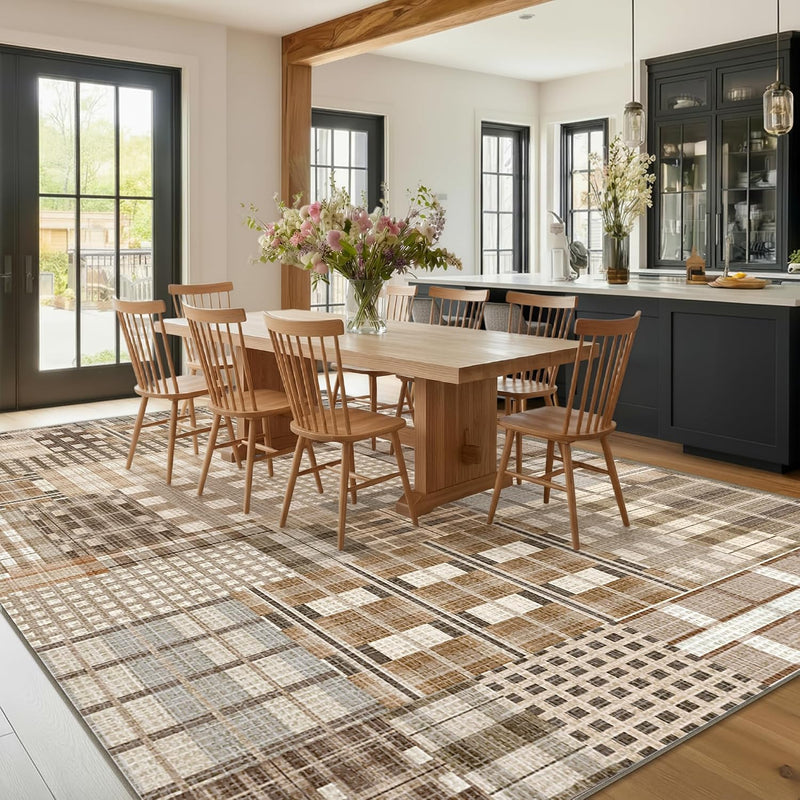 Modern Geometric Large Rug Washable Plaid Area