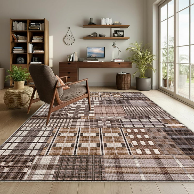 Modern Geometric Large Rug Washable Plaid Area