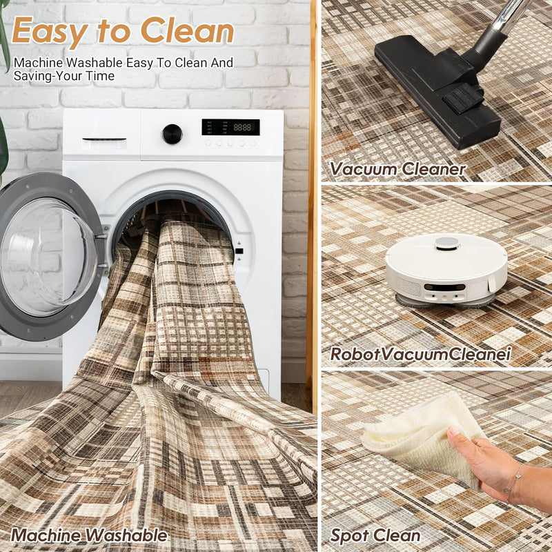 Modern Geometric Large Rug Washable Plaid Area