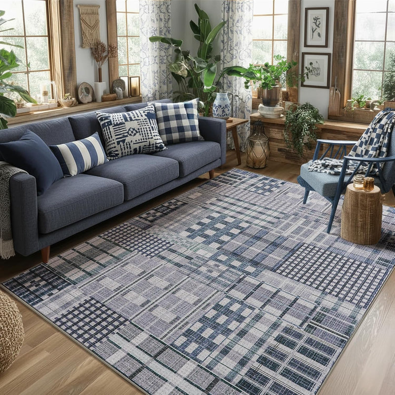 Modern Geometric Large Rug Washable Plaid Area