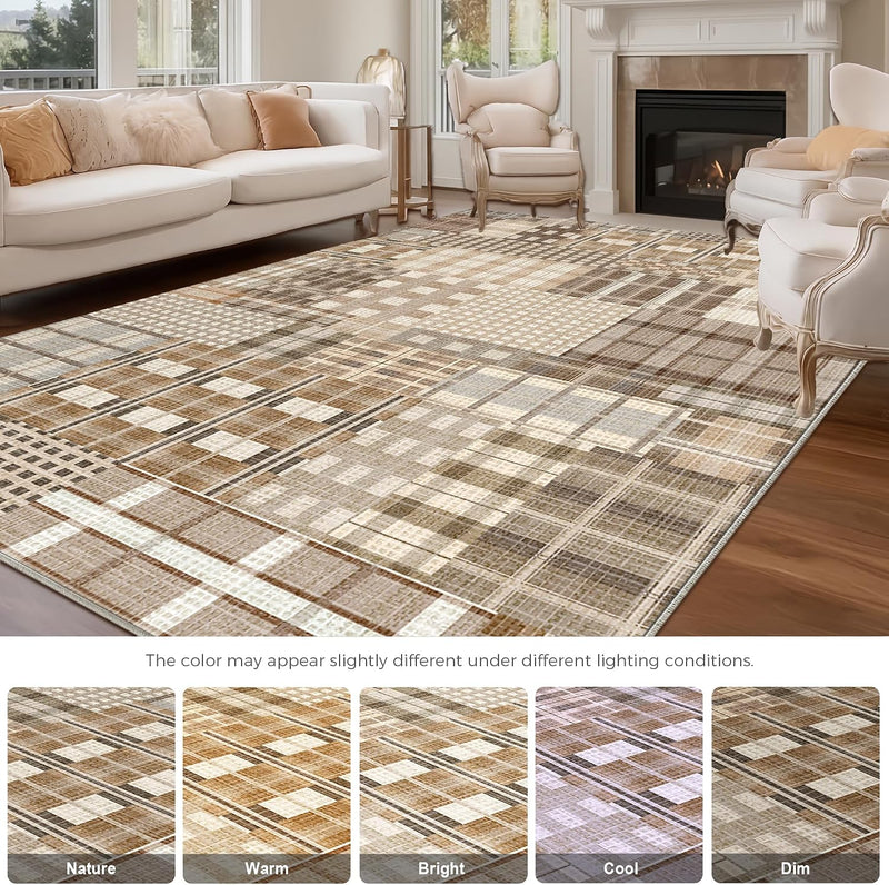 Modern Geometric Large Rug Washable Plaid Area