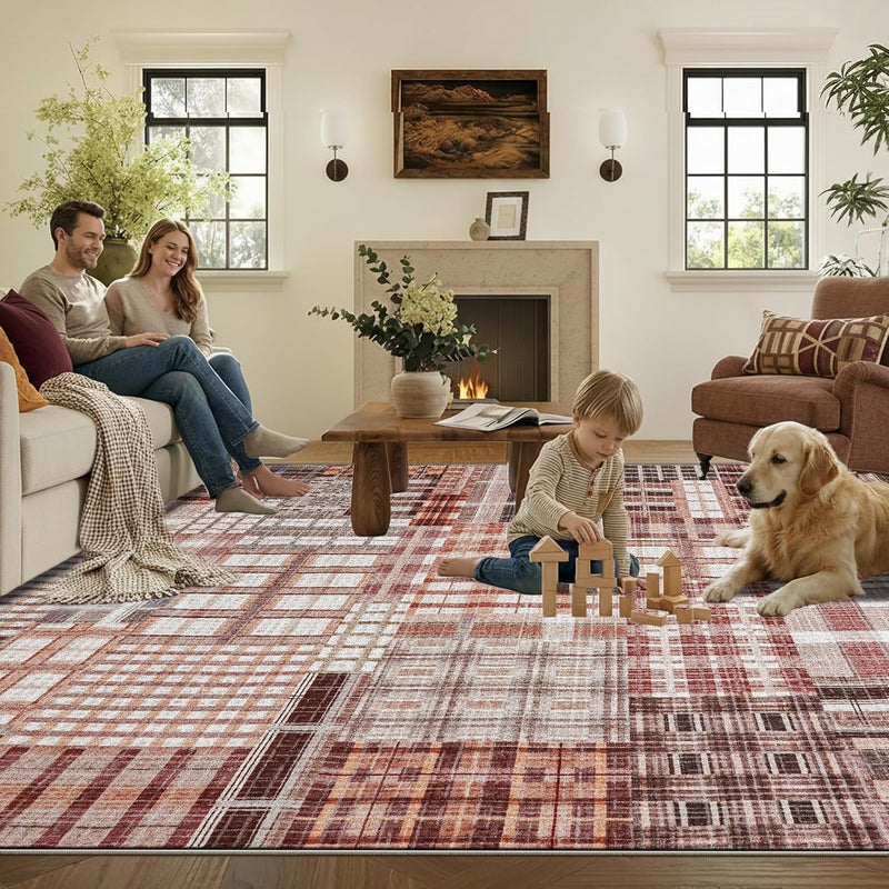 Modern Geometric Large Rug Washable Plaid Area