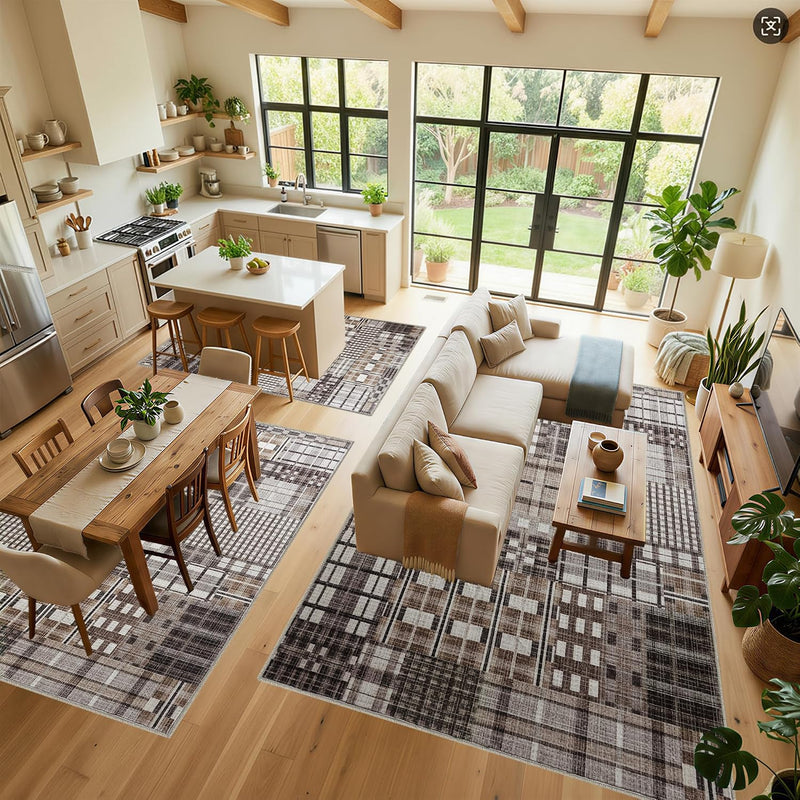 Modern Geometric Large Rug Washable Plaid Area
