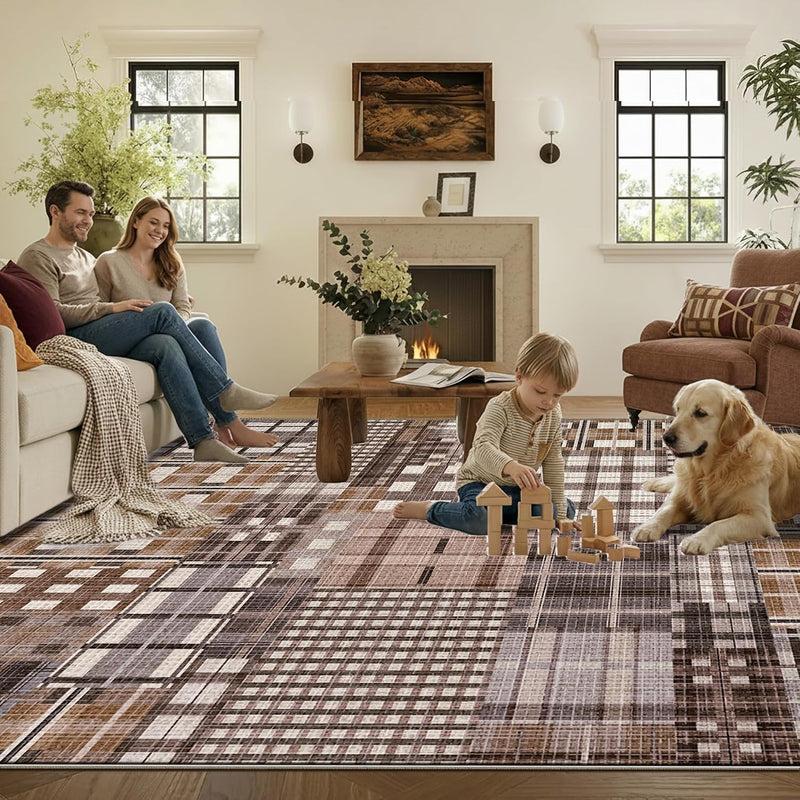 Modern Geometric Large Rug Washable Plaid Area