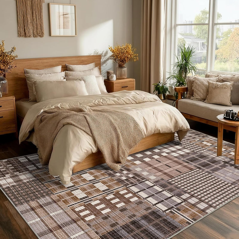 Modern Geometric Large Rug Washable Plaid Area