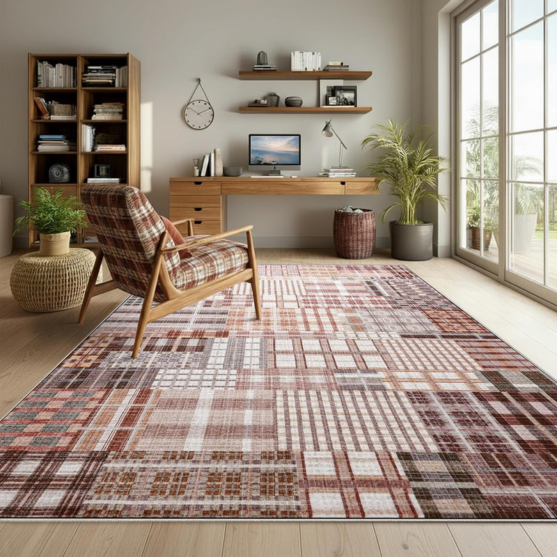 Modern Geometric Large Rug Washable Plaid Area