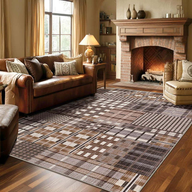 Modern Geometric Large Rug Washable Plaid Area