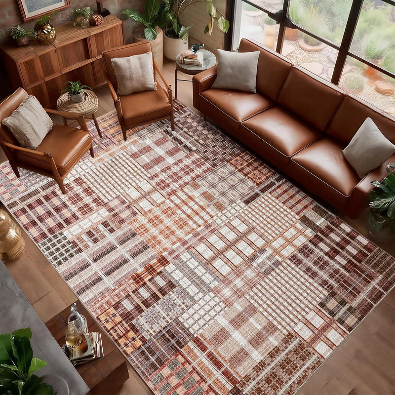 Modern Geometric Large Rug Washable Plaid Area