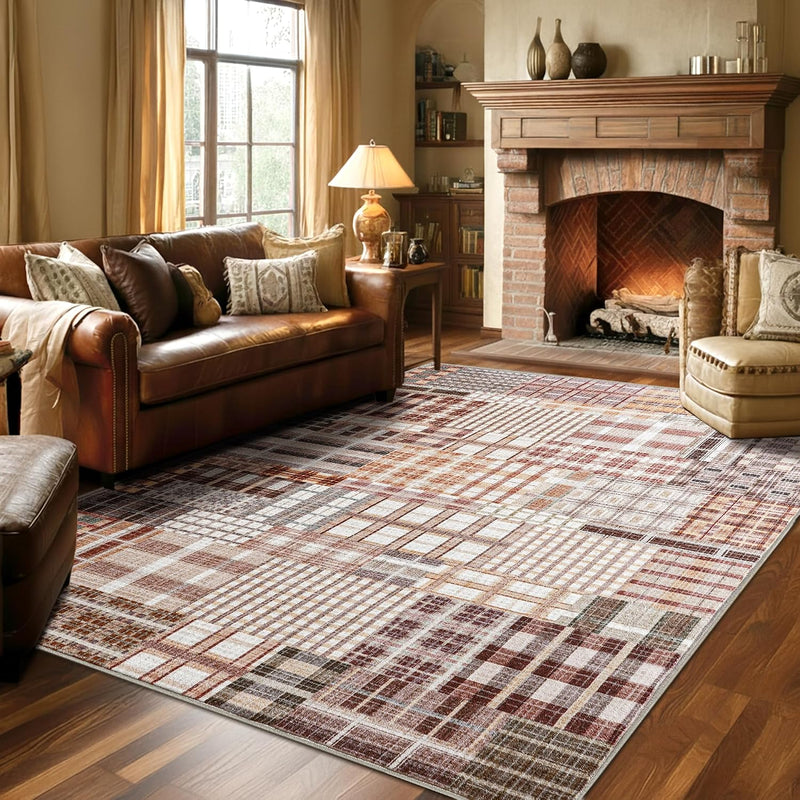 Modern Geometric Large Rug Washable Plaid Area