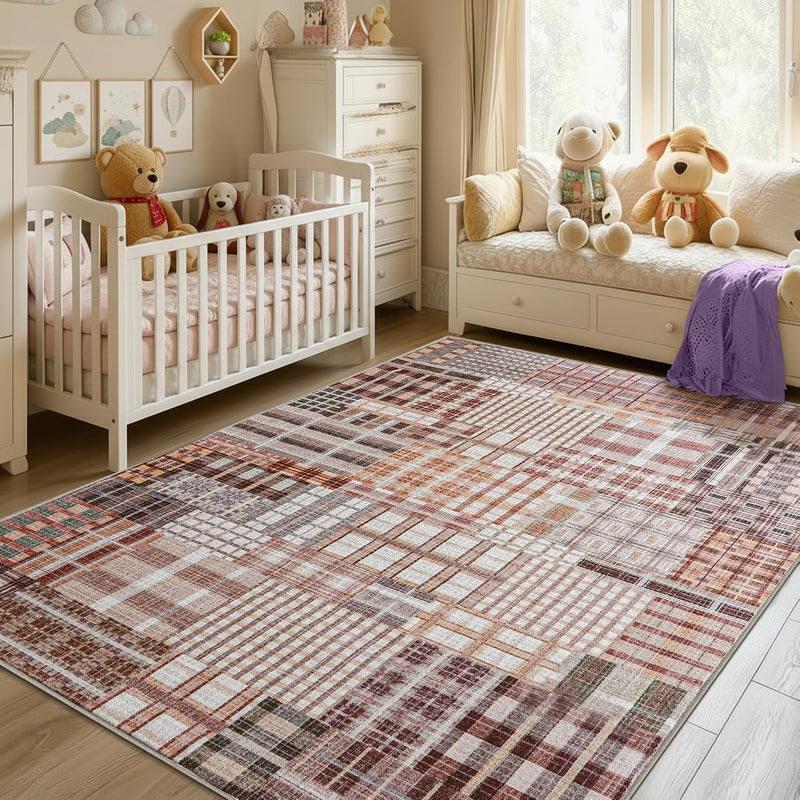 Modern Geometric Large Rug Washable Plaid Area