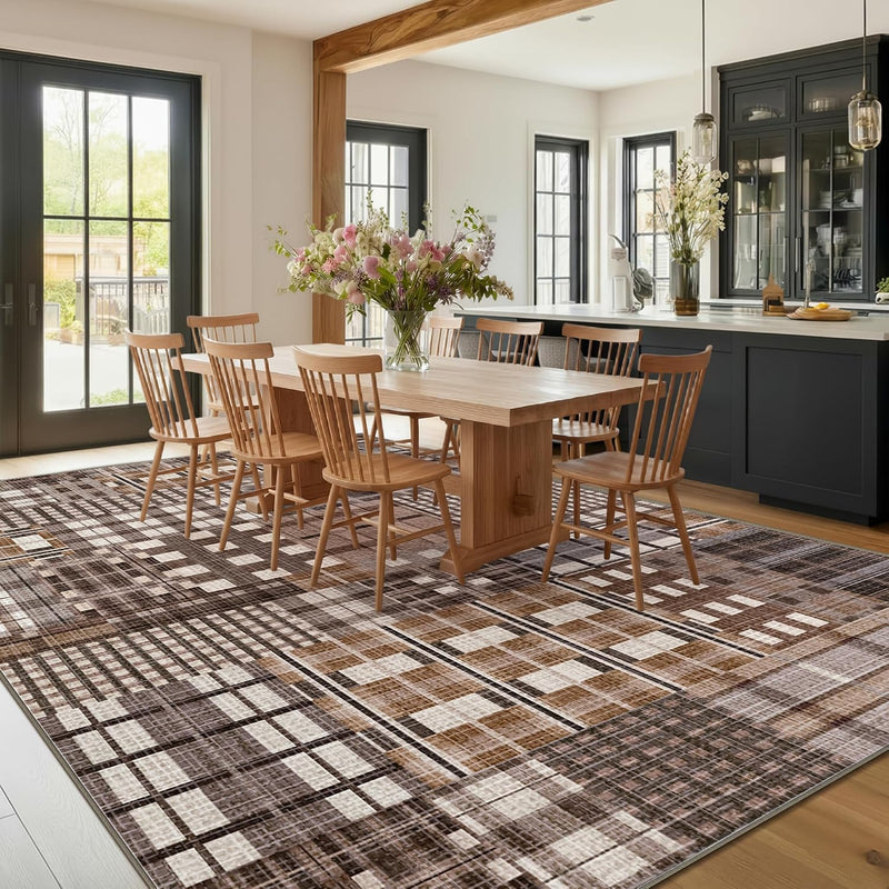 Modern Geometric Large Rug Washable Plaid Area