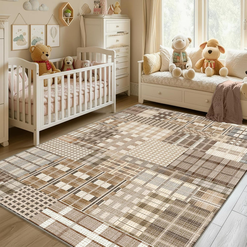 Modern Geometric Large Rug Washable Plaid Area