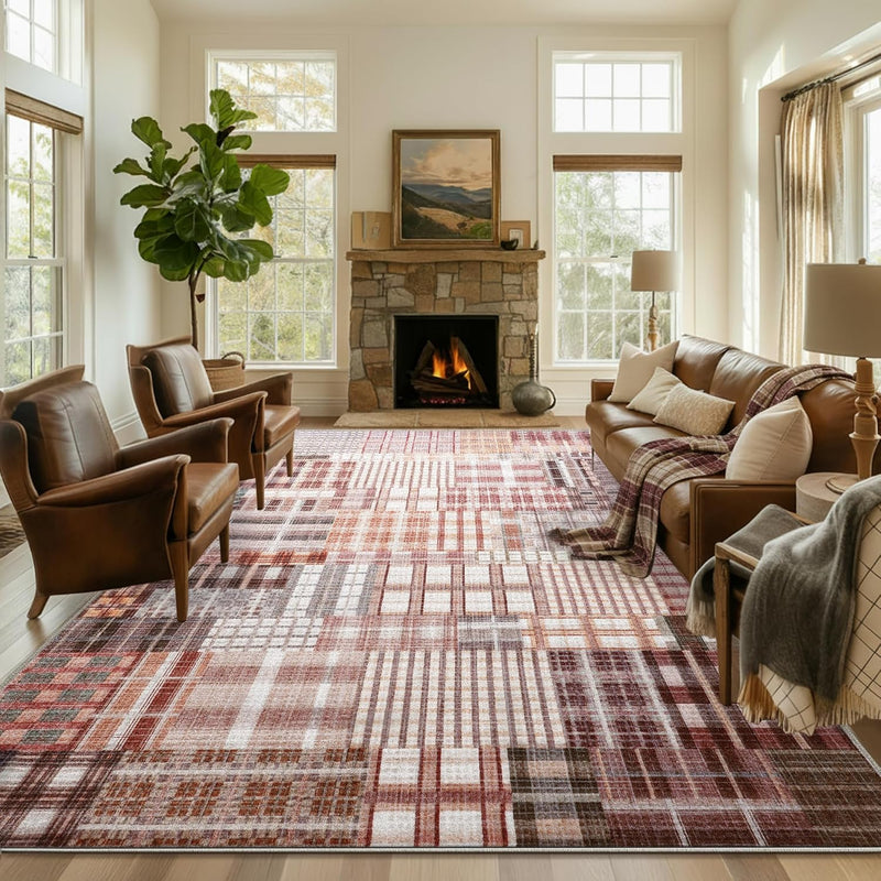 Modern Geometric Large Rug Washable Plaid Area