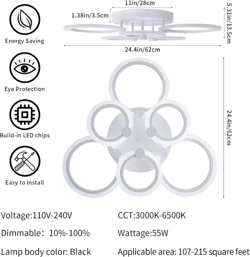 Modern LED Ceiling Light 6 Rings Dimmable 3000K-6500K
