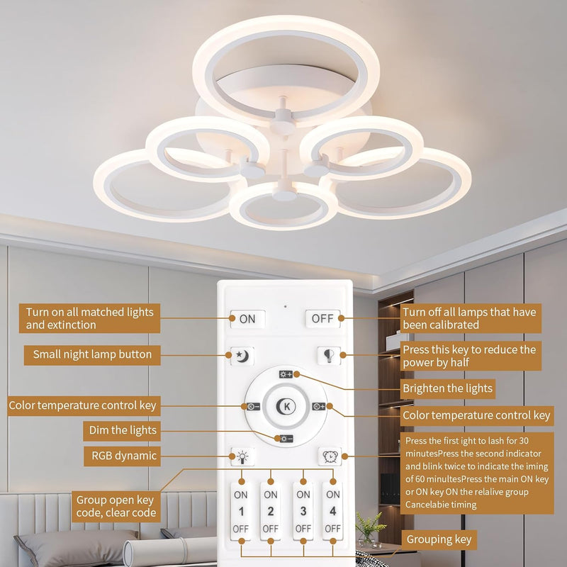 Modern LED Ceiling Light 6 Rings Dimmable 3000K-6500K