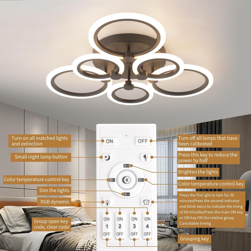 Modern LED Ceiling Light 6 Rings Dimmable 3000K-6500K
