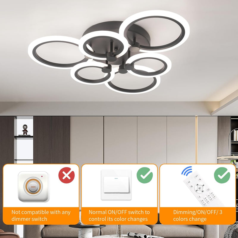 Modern LED Ceiling Light 6 Rings Dimmable 3000K-6500K