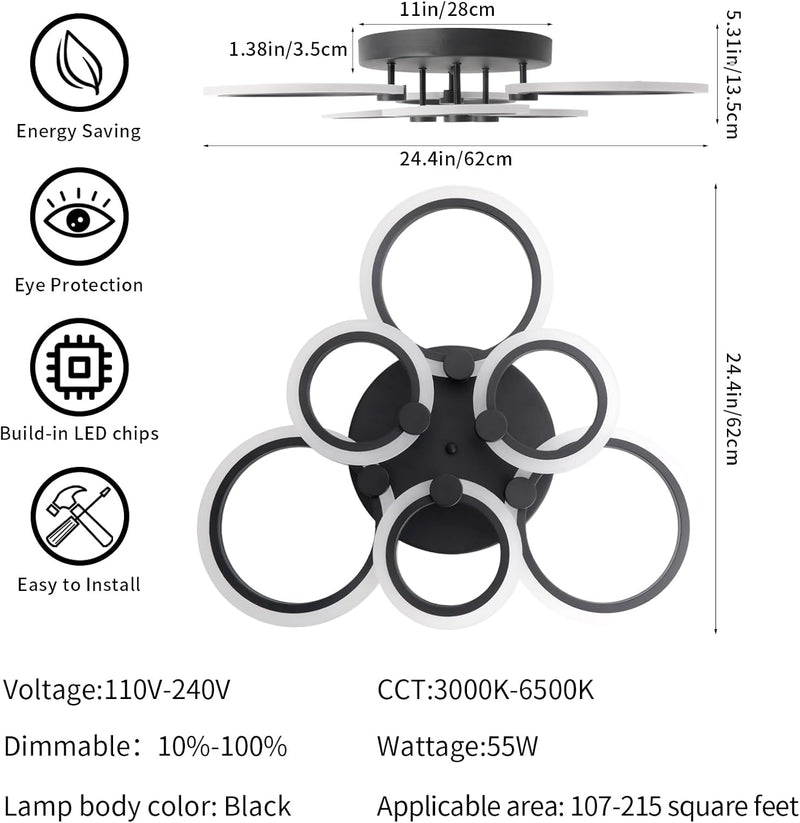 Modern LED Ceiling Light 6 Rings Dimmable 3000K-6500K