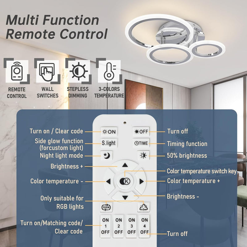 Modern LED Dimmable Ceiling Light 3 Circle Lights