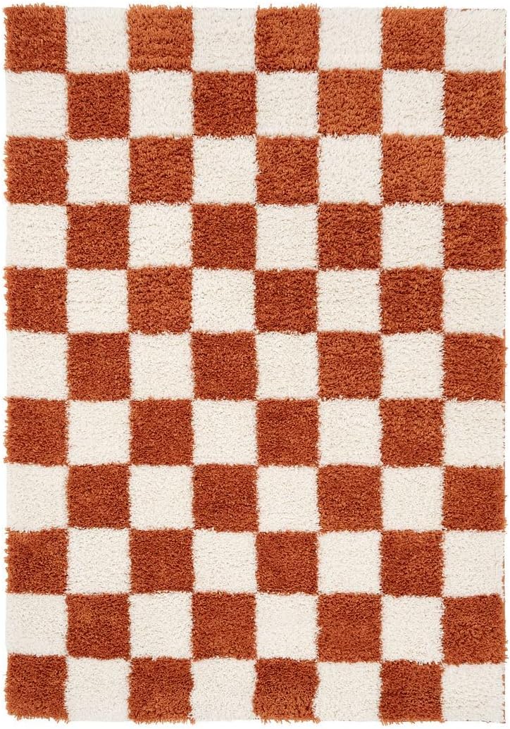 Modern Shaggy Rust Terracotta Retro Checker Design Soft