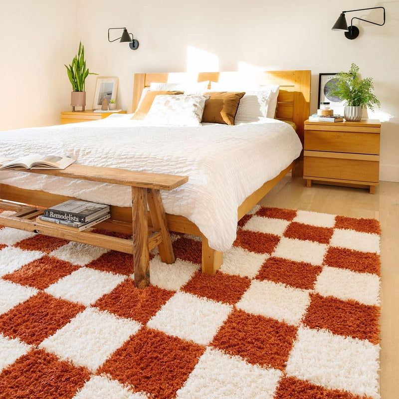 Modern Shaggy Rust Terracotta Retro Checker Design Soft